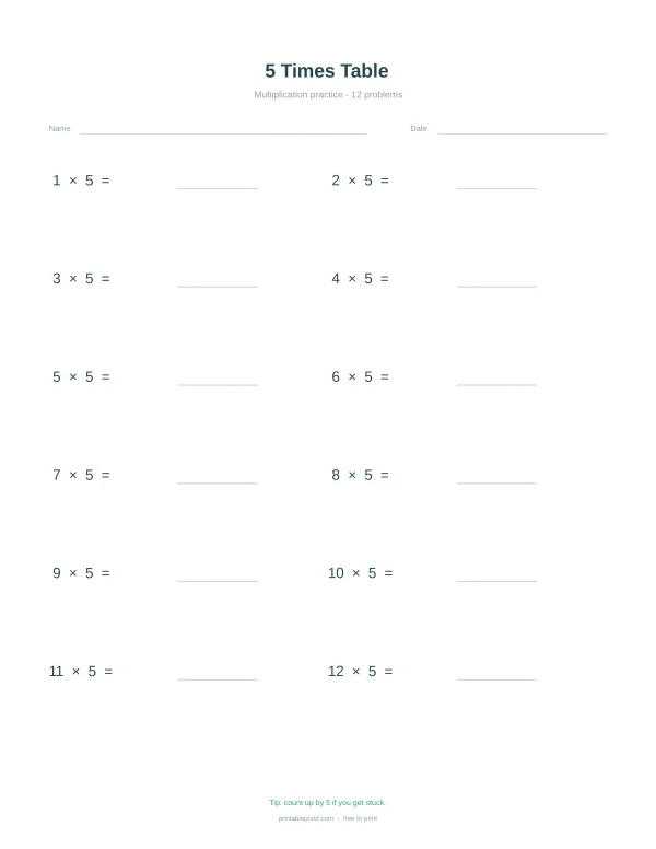 A multiplication worksheet with 12 problems for the 5 times table, each with a space for the answer.