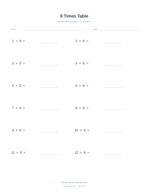 Worksheet with 12 multiplication problems for the 8 times table, each with a blank line for the answer.