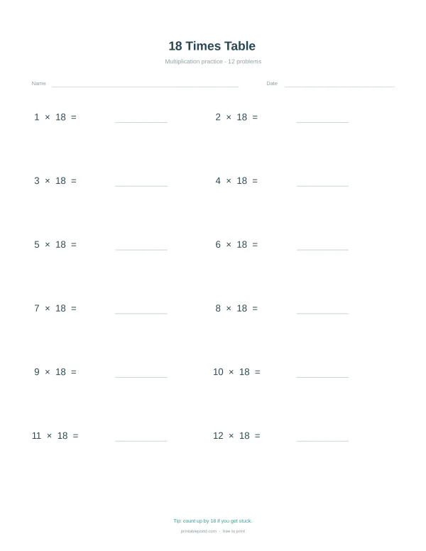 Worksheet with the title '18 Times Table' and 12 multiplication problems involving the number 18.