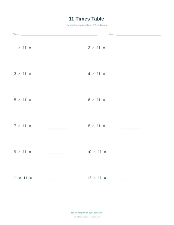 A multiplication worksheet with 12 problems for the 11 times table, with space for answers.