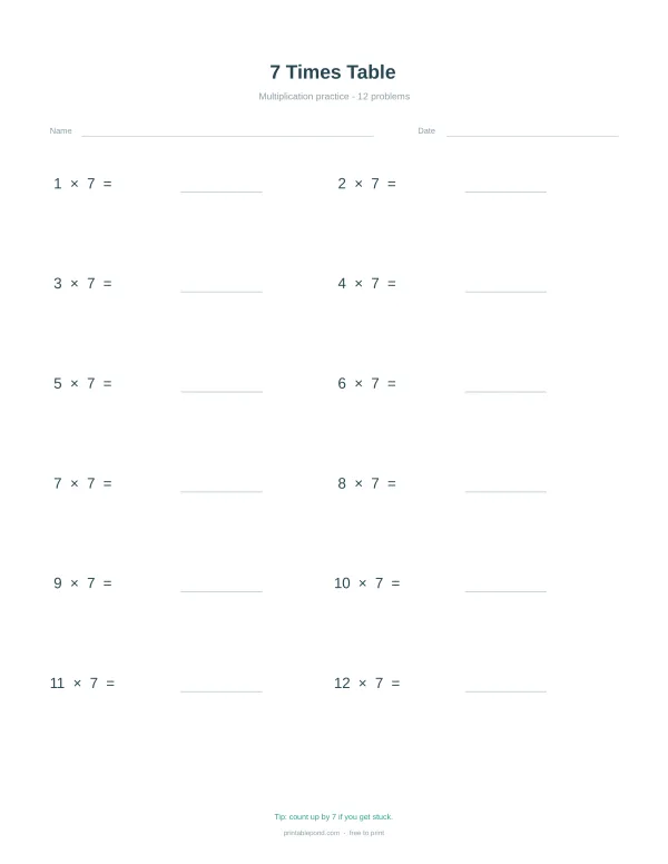A multiplication worksheet with the title '7 Times Table' and 12 problems from 1x7 to 12x7.