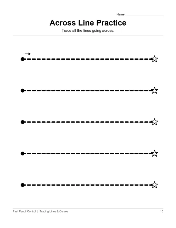Worksheet with five horizontal dashed lines to trace, each starting with a dot and ending with a star.