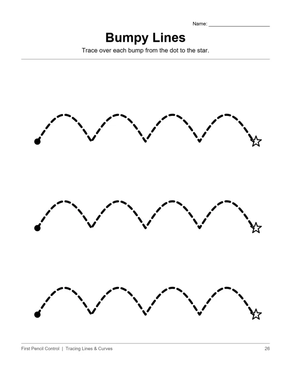 Three rows of dashed bumpy lines starting with a dot and ending with a star.