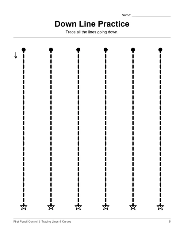 Worksheet with six dotted vertical lines from top dots to bottom stars, with an arrow indicating downward motion.