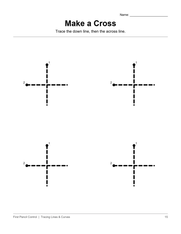 Four dotted cross shapes with numbered starting points for tracing practice.