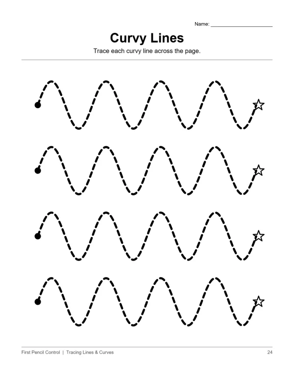 Four rows of dashed wavy lines, each starting with a black dot and ending with a star.