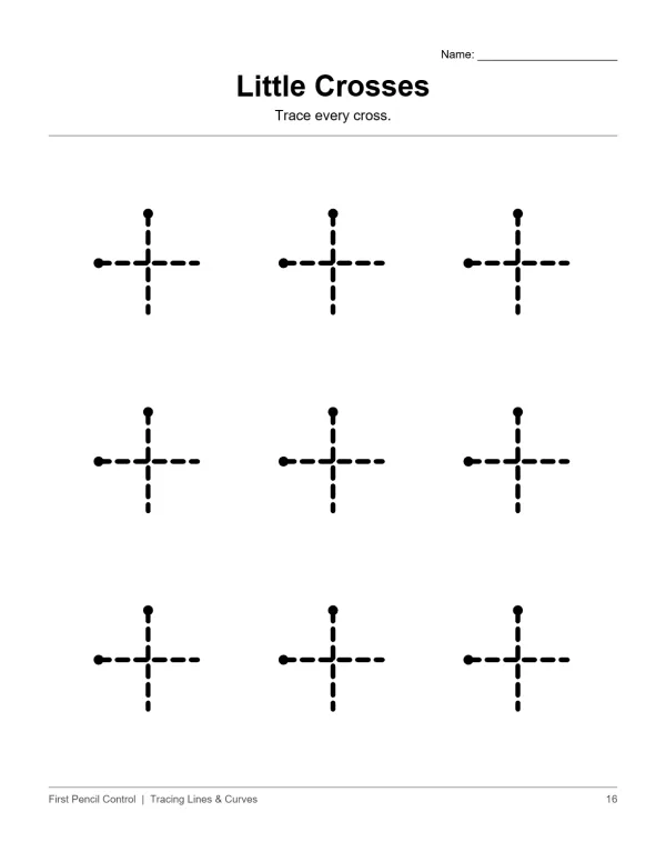 Dashed lines forming nine crosses with a dot at each intersection for tracing practice.