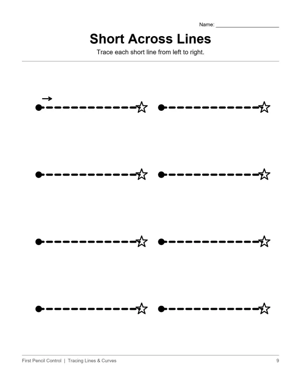 Worksheet with rows of dotted horizontal lines to trace from left to right, ending with stars.