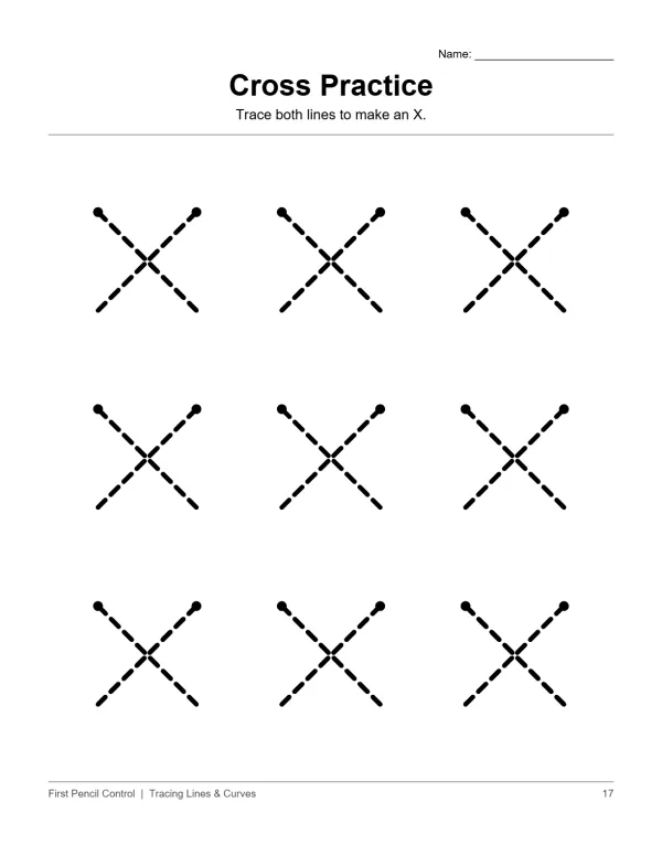 Nine dashed letter X shapes with dots at the ends of each line for tracing practice.