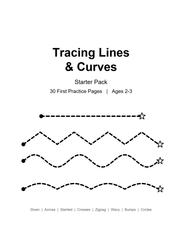 Cover page for tracing lines and curves starter pack with dotted straight, zigzag, and wavy lines.