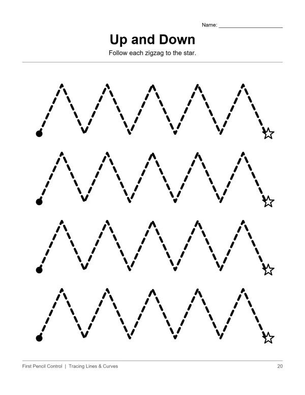 Worksheet with four rows of dashed zigzag lines to trace from a dot to a star.