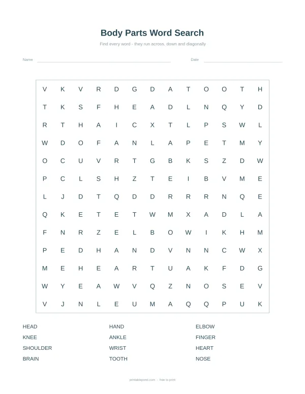 A word search puzzle with body parts hidden horizontally, vertically, and diagonally, with a list of words to find below.