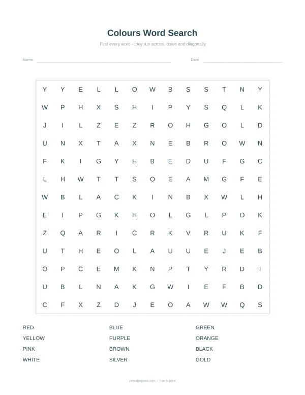 Word search puzzle grid with a list of color names to find at the bottom.
