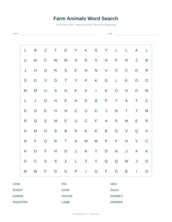 Farm animals word search puzzle grid with a list of words to find at the bottom.