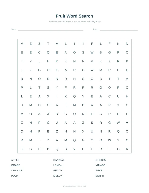 A fruit themed word search puzzle with a list of fruits below the grid.