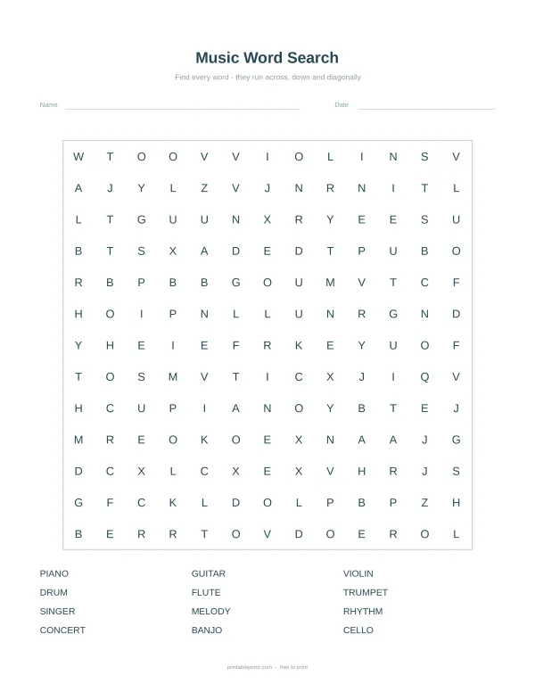 A music themed word search puzzle with a grid of letters and a list of words to find below.