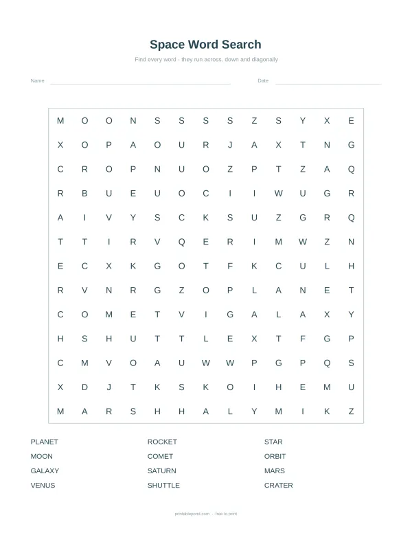 A space-themed word search puzzle with a grid of letters and a list of words to find below.