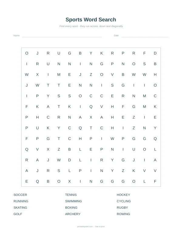 A sports word search puzzle with a list of words like soccer, running, and golf at the bottom.