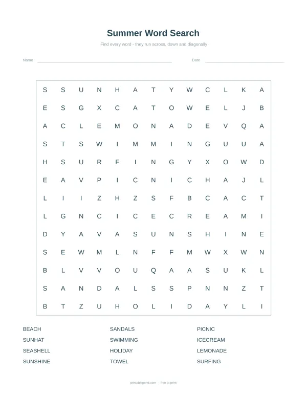 Summer themed word search puzzle with a list of words to find at the bottom.