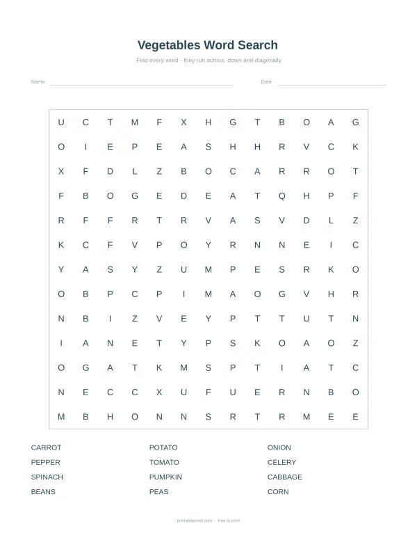 A vegetables word search puzzle with a list of words to find at the bottom.